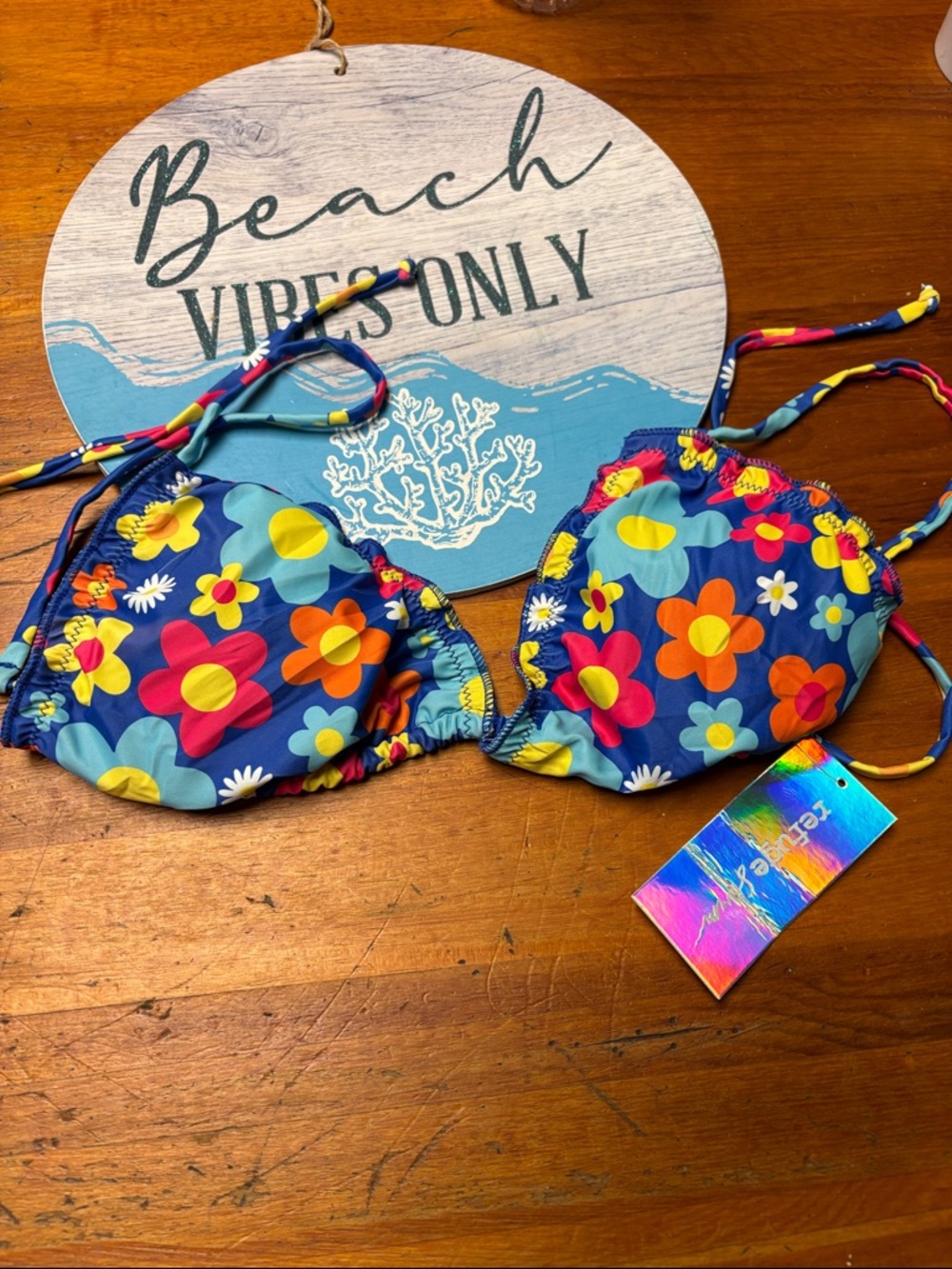 refuge Floral Tie Triangle Bikini Top - Blue Multicolor